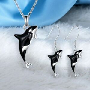 Orca Whale 3pc Jewelry Set Matching Necklace Dangle Drop Earrings Sea World NEW